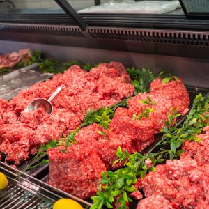 Fresh beef mince on the Fleish Meats display counter