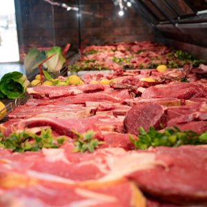 Assorted fresh beef steaks on the Fleish Meats display
