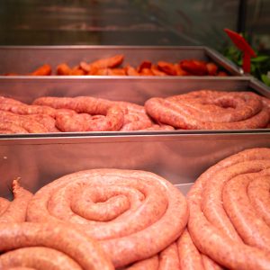 Freshly made coiled boerewors sausages